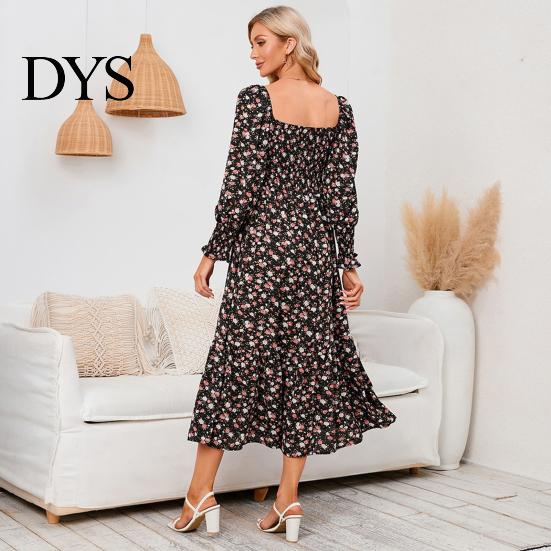 Women Dress Long Sleeves Flower Print A-line Square Neck Midi Casual Elastic Bust Backless Patchwork Hem Pleated Spring Fall Chiffon Outfit