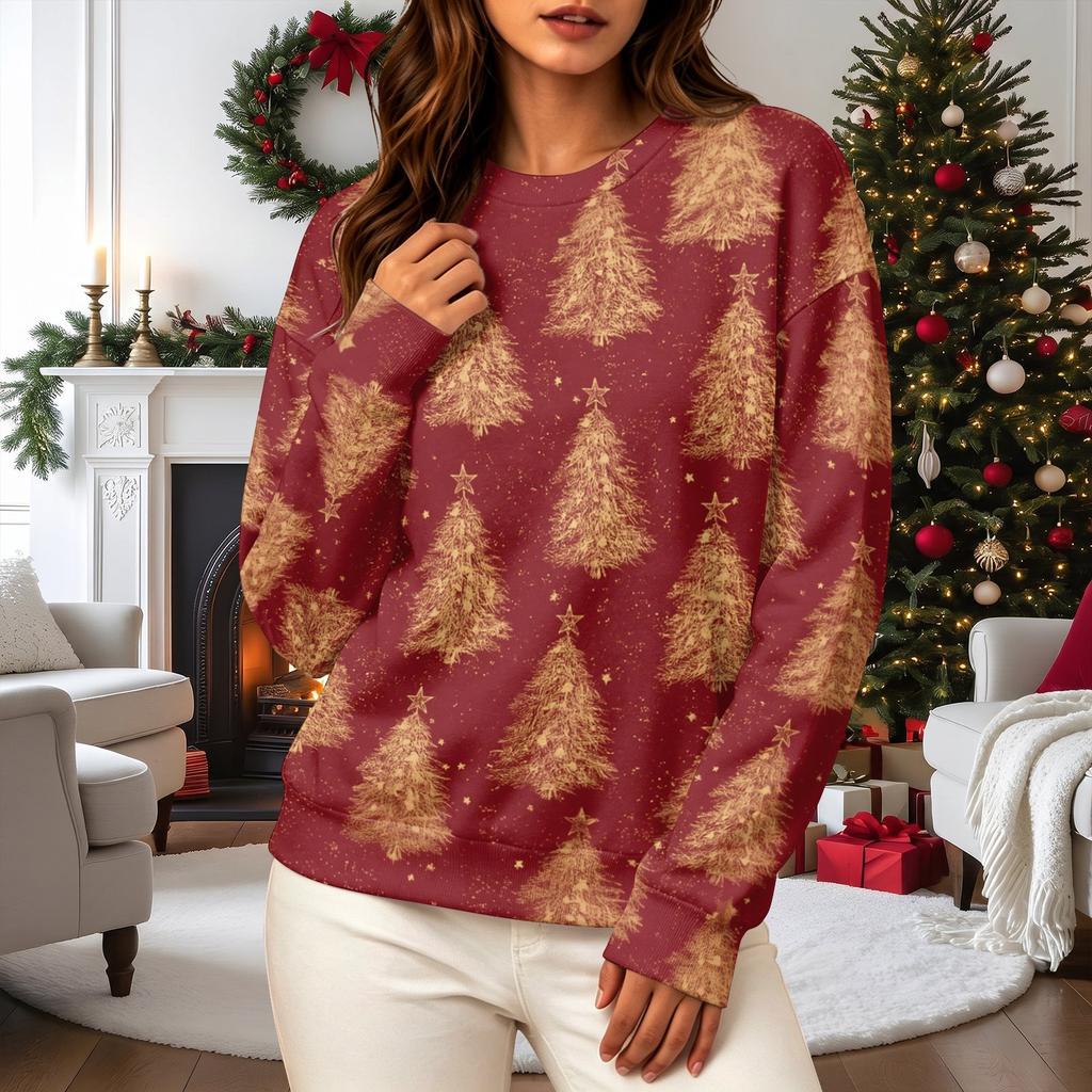 Women's Casual Long Sleeve Christmas Print Neck Pullover Sweatshirt