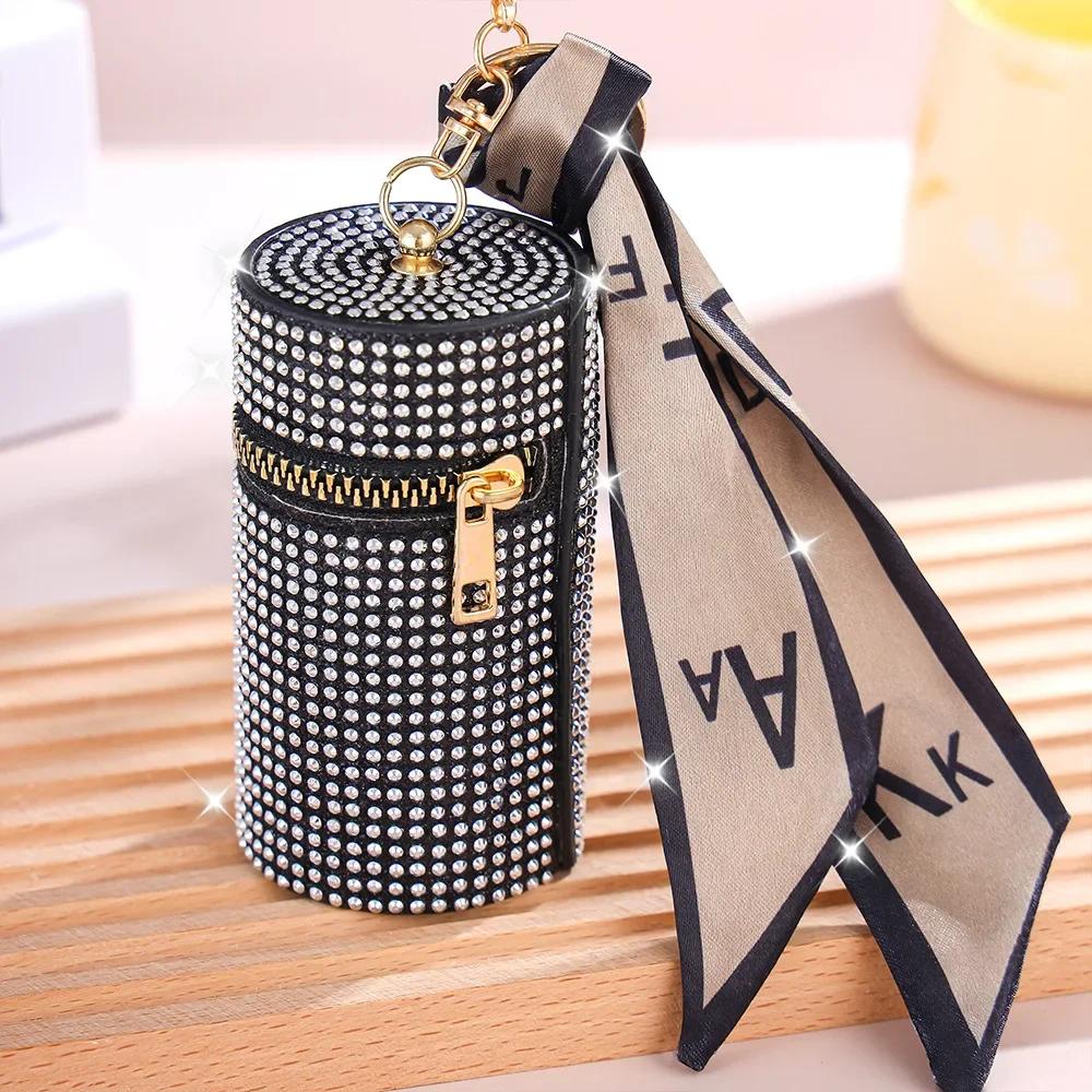 New Cylindrical Stylish Rhinestone PU Mini Lipstick Bag with Silk Scarf  Keychain Portable Coin Purse Women  Accessories Gift