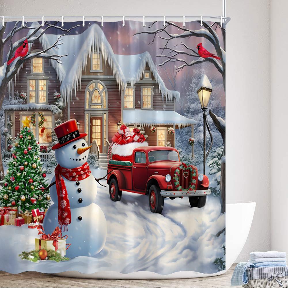 Christmas Shower Curtain Cute Snowman Santa Claus Xmas Tree Dog Winter Truck New Year Home Bathroom Curtains Decor With Hooks