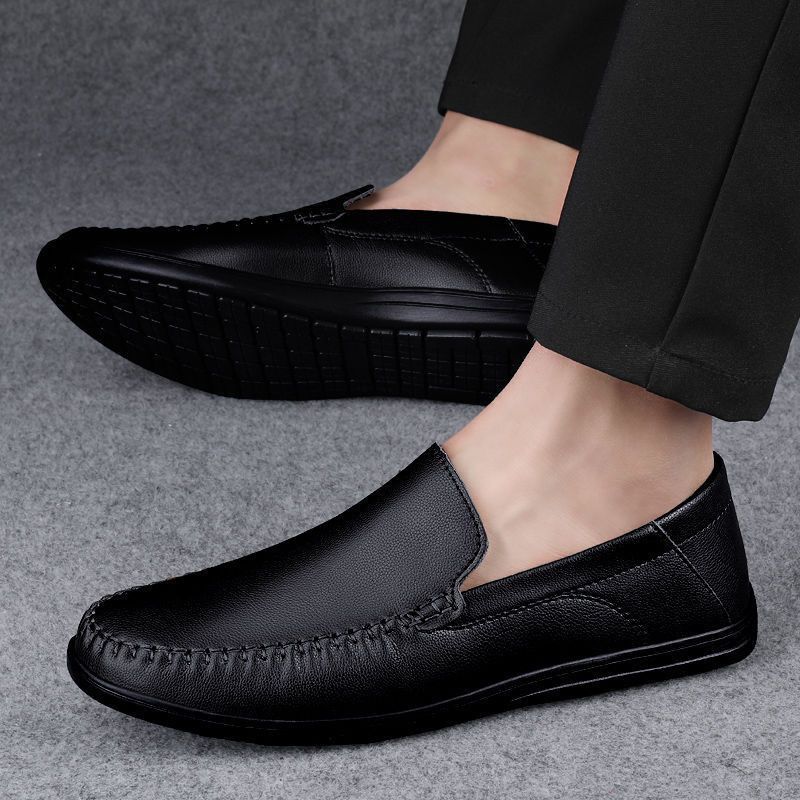Black Cowhide Round Toe Breathable Leather Shoes for Men Fashion 2025 Classic Original Low Price Slip-on Man Casual Shoe on Sale