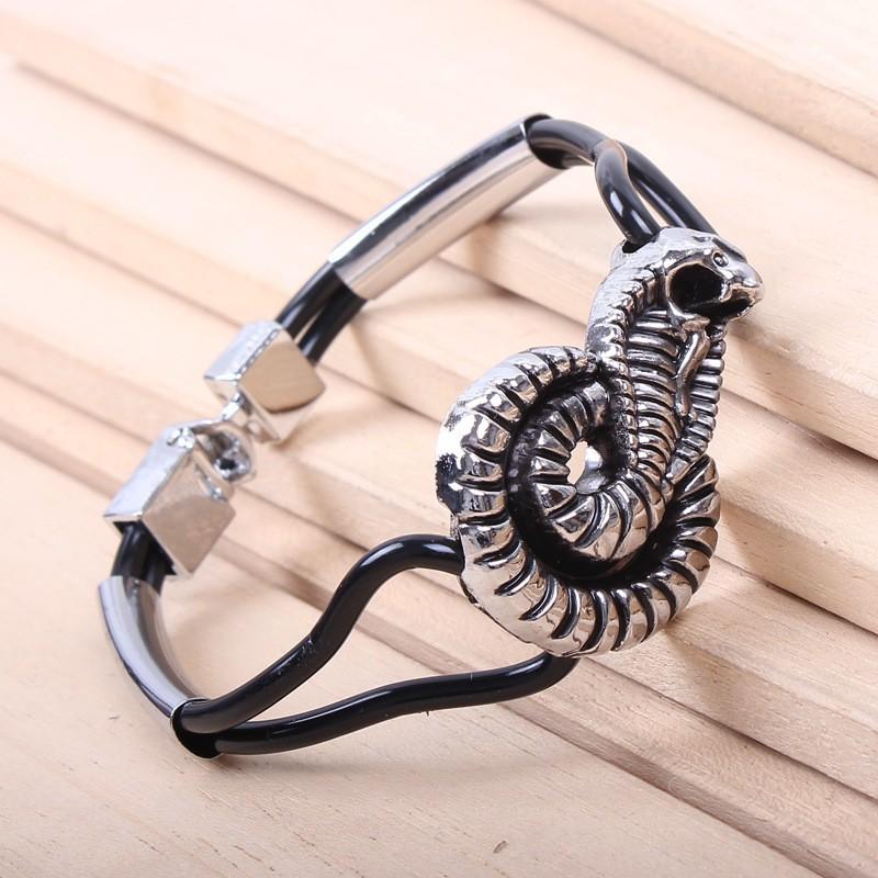 JMXD Vintage Alloy Cobra Bracelet Peace Sign PU Leather Strap Retro Mens Fashion Gear Wristband Statement Jewelry