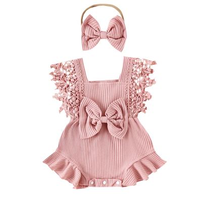 Baby Girls Summer Romper Infant Lace Sleeve Round Neck Ruffle Romper with Headband