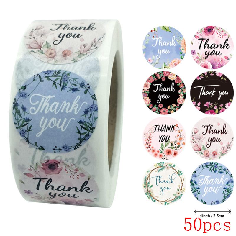 50-500pcs 8 Styles Thank You Sticker for Seal Labels Round Floral Multi Color Labels Sticker Handmade Offer Stationery Sticker