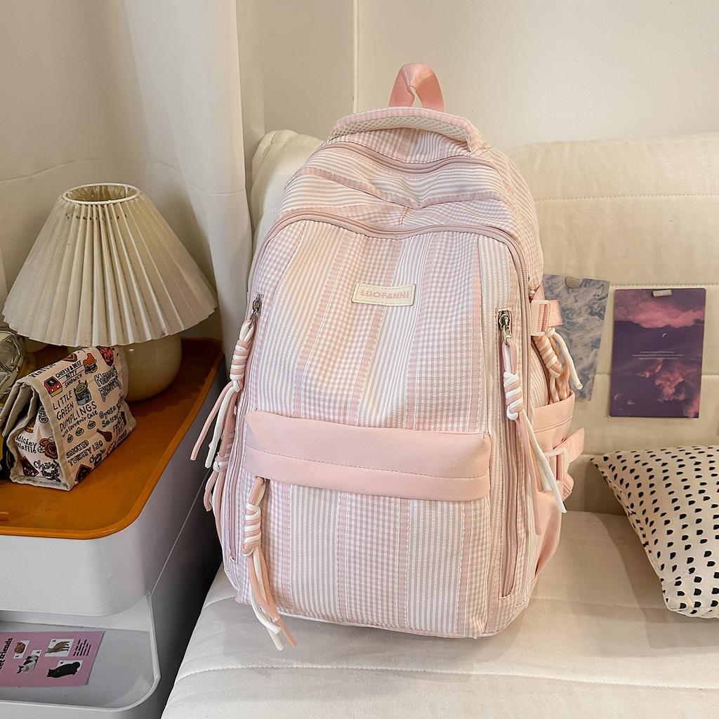 Schoolbag1011 new corrugated plaid backpack niche design sense versatile student schoolbag large capacity casual backpack