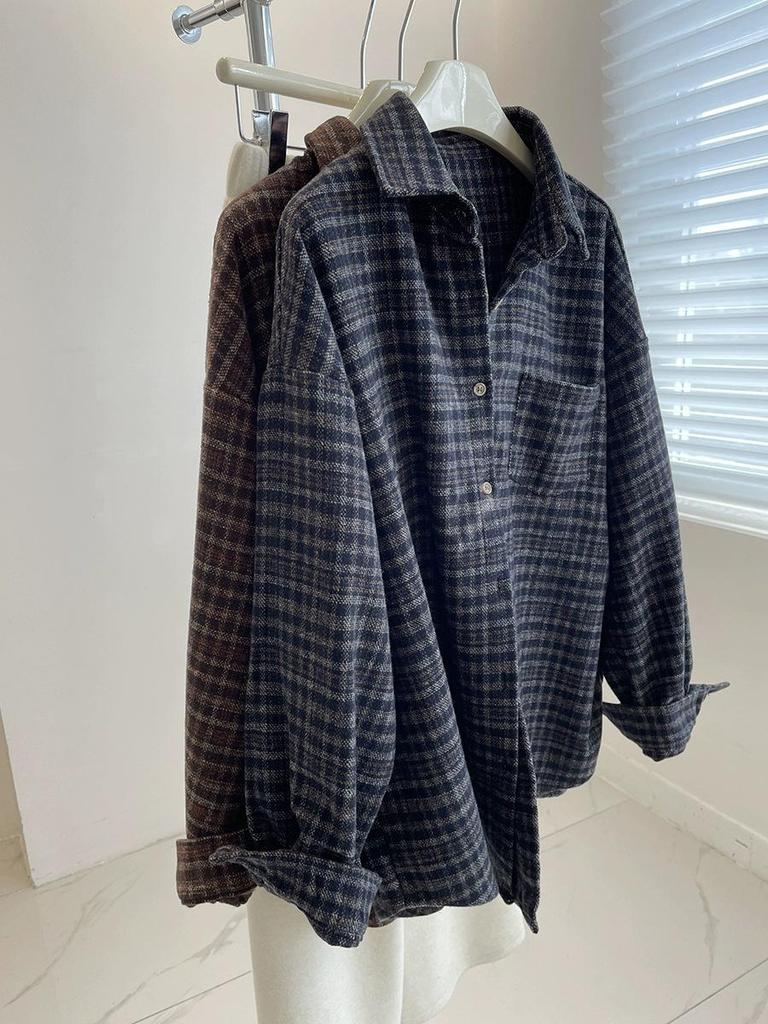 Damen Retro Karobluse - Herbst/Winter 2025 Koreanischer Lockerer Schnitt, Langarm Layering-Stil