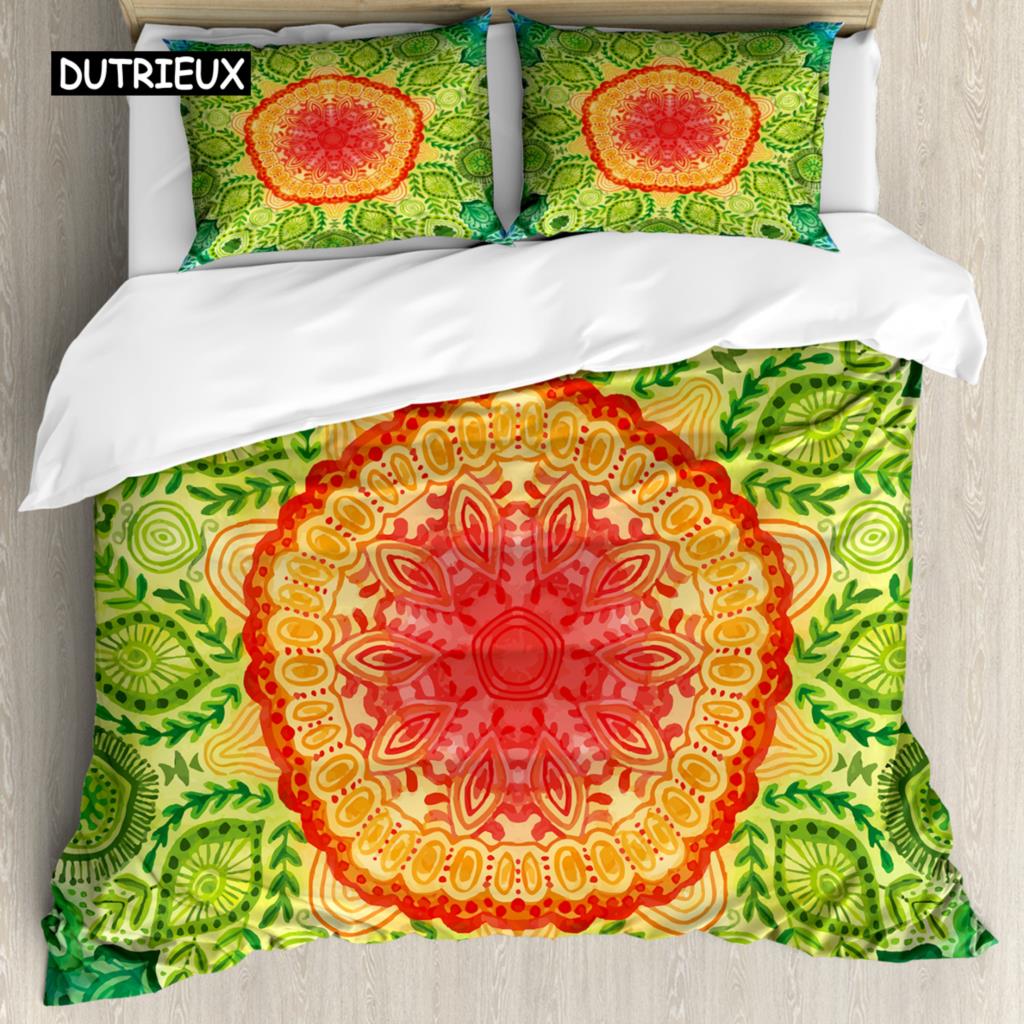 Mandala Bettbezug Set Boho Lotusblume Mikrokosmos Motiv Einzigartiges Retro Grün Thema Doppel Queen King Size Polyester Qulitbezug
