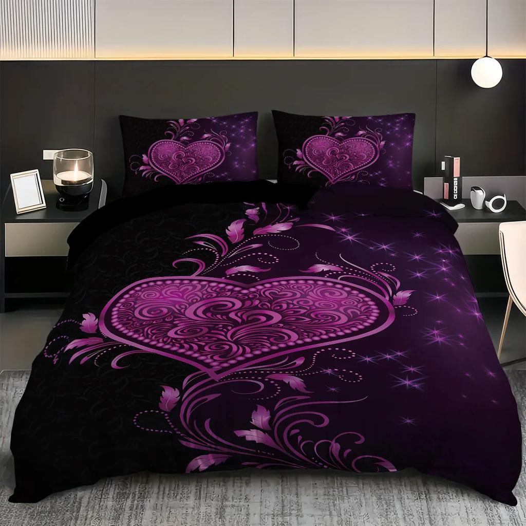 3Pcs Purple Rose Heart Patterned Duvet Cover Set 1 Duvet Cover+2 Pillowcases Coreless. Soft And Comfortable Bedding Set