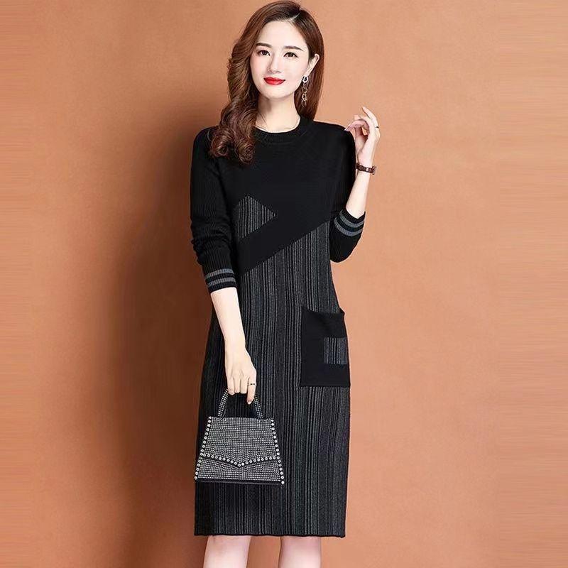 

Autumn and Winter Women s Mid-length Sweater Dress Fashionable and Loose Knitted Dress Patchwork Pullover S