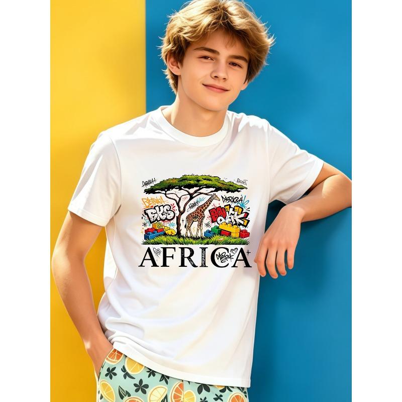 European sizes Cartoon Cool Giraffe Building Block Print Boys  Top, Cotton Crew Neck Children s T-Shirt, Breathable and Skin-Friendly 110 белый