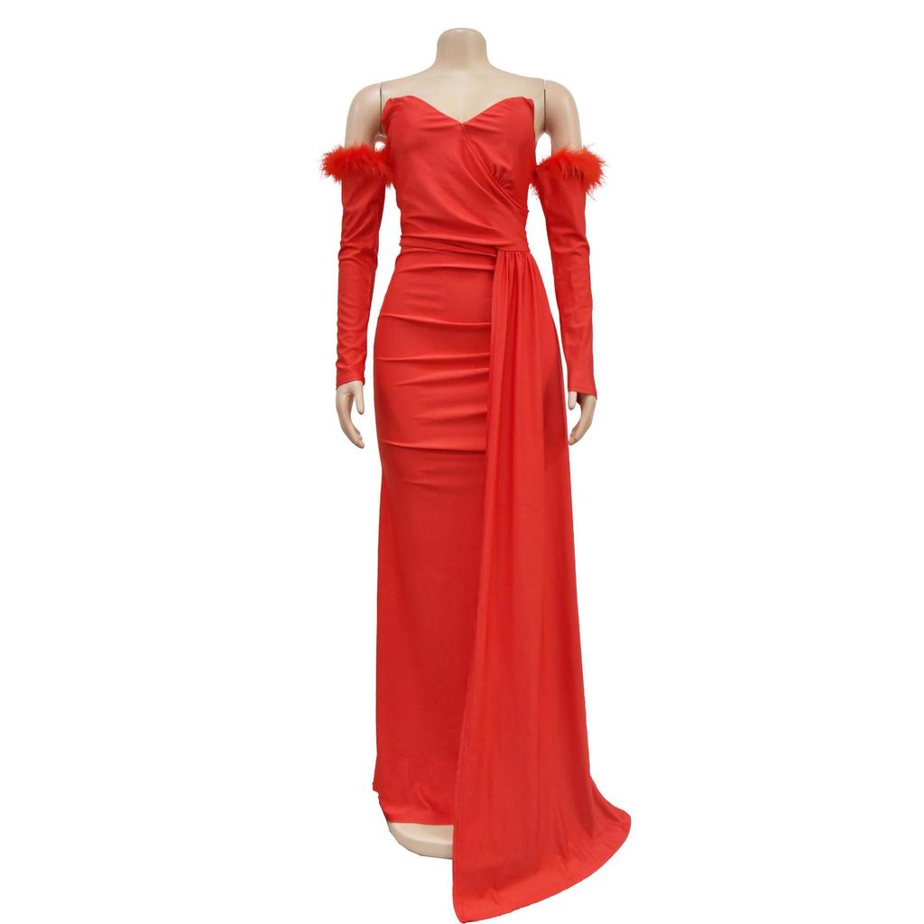 Gefaltetes rückenfreies langes Kleid mit Schlitz - Unifarben Damenmode (Europa & Amerika) C6797.