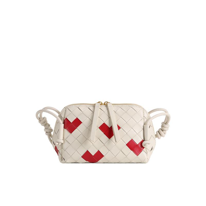 Popular Red Sheepskin Woven Bag Shoulder Messenger Handbag Knotted Zipper Fashionable Leather Women's Bag Wholesale