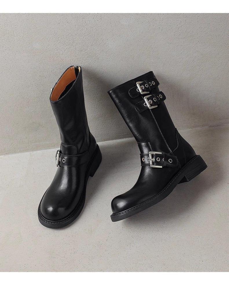 Women's Retro Martin Boots, Round Toe, Autumn/Winter, Metal Accent, Ankle-Length, Cowboy Style, Thick Sole.