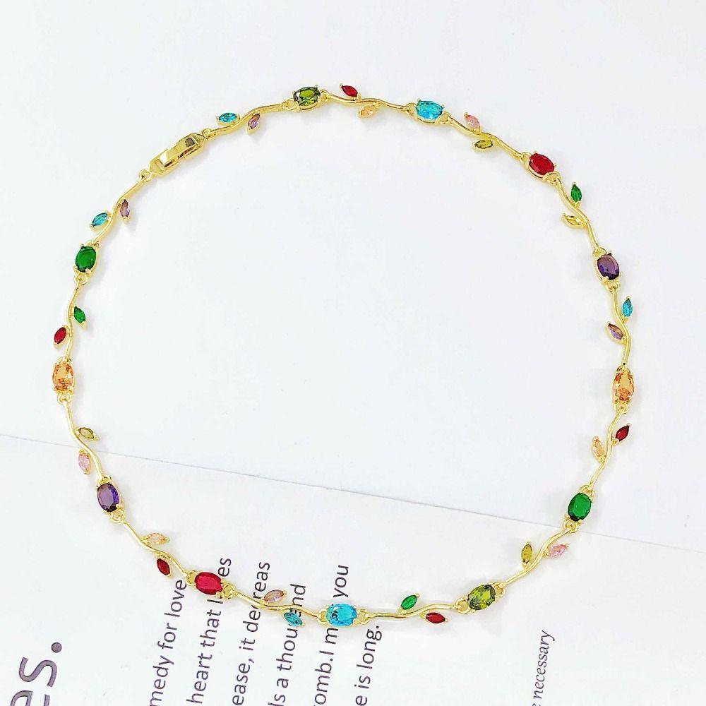 Multicolour Rose Flower Necklace Light Luxury Crystal Leaf Necklace Zircon Necklace Women Girls