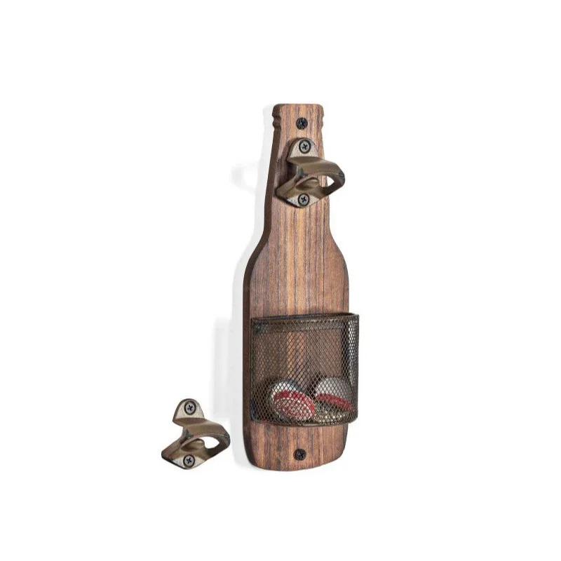 

1Pc Wall Mounted Bottle Opener Portable Wooden Bottle Opener With Caps Catcher Kitchen Gadget Space Saving Home Decoration