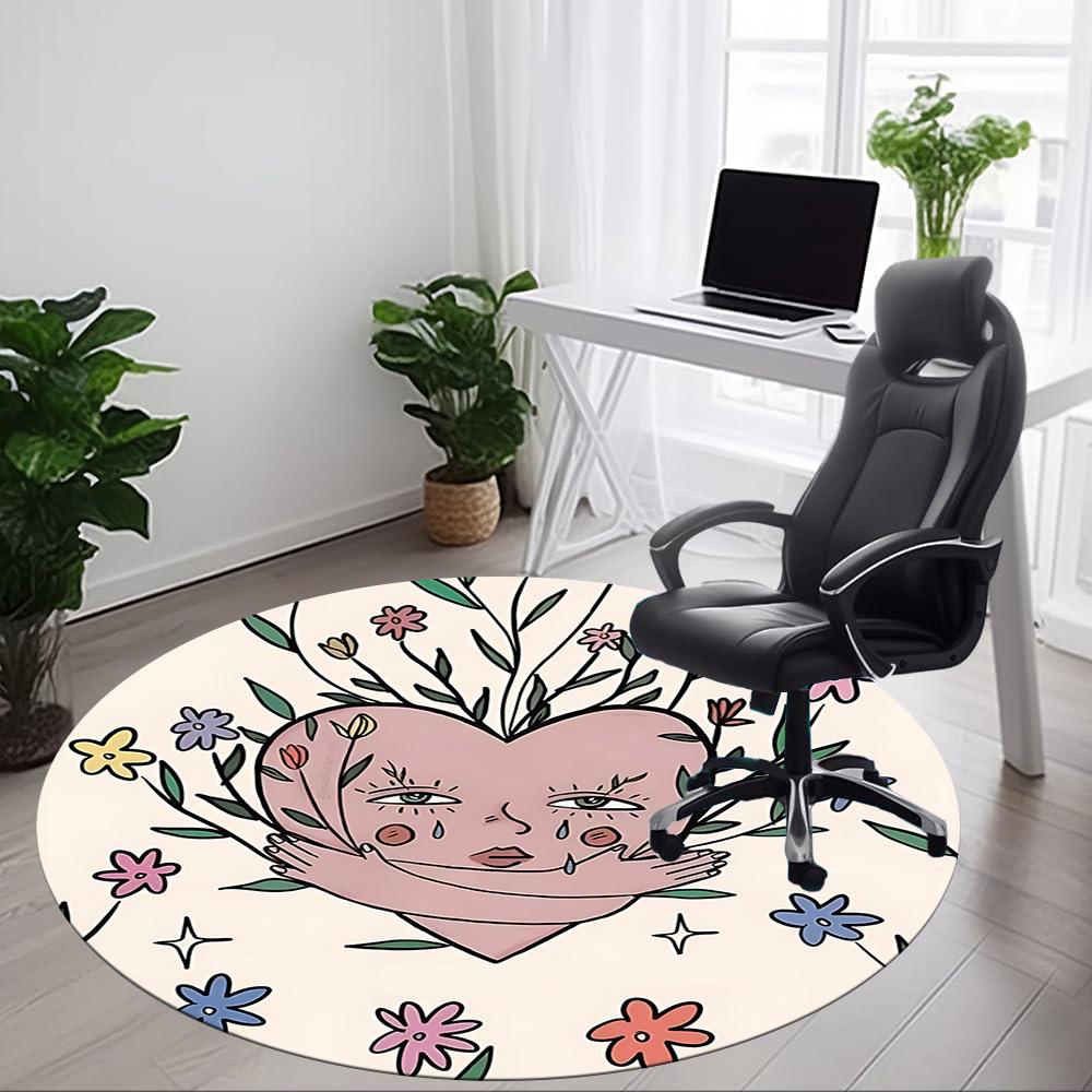1pc Heart Flowers Office Round Area Rug, Mat Suitable For Office, Under Office Chairs Bedroom Living Room Home Decor, Room Deco