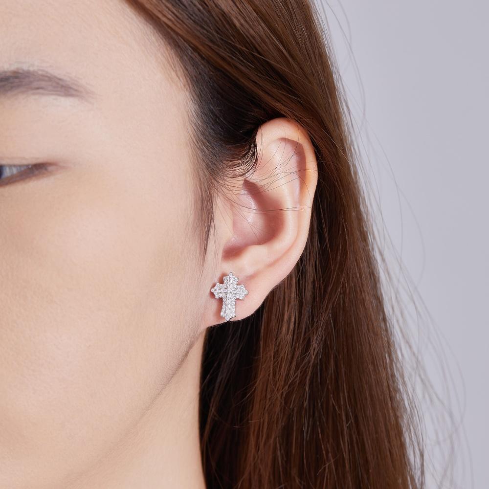 Cross Moissanite Earrings 14K White Gold Plated Studs Screw-Back Earring