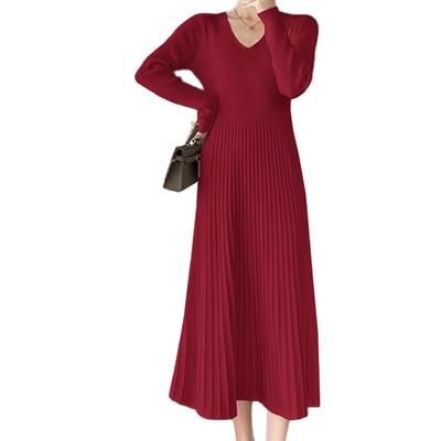 AIKA Knit Midi Long Ribbed Long Midi Long Solid One Size Wine Red Dress, A-Line, Dress, Dress, Knit, V-Neck, Sleeves, Flared, Length, Dress,