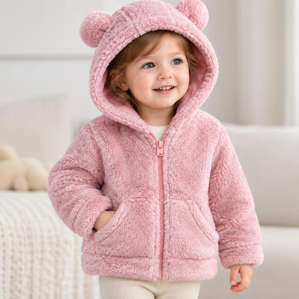 Kids Plush Zip Up Jacket Hooded Fleece Lined Warm Boys Girls Baby Fall Winter
