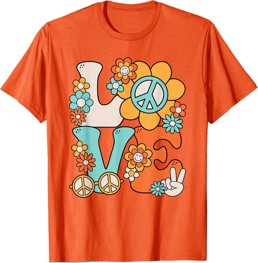 Hippie Peace Love Flower  70s Style  Print Cotton T-Shirt Casual Trip Tee for Women