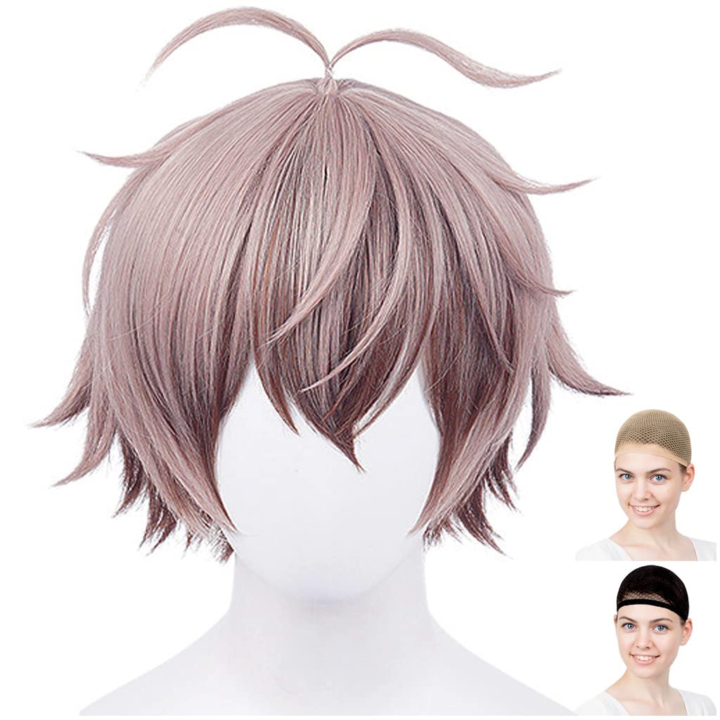 

Парик для косплея CaseEden, Короткий, 30 см, Термостойкий, Светло-коричневый с розовым, В комплекте 2 сетки для парика