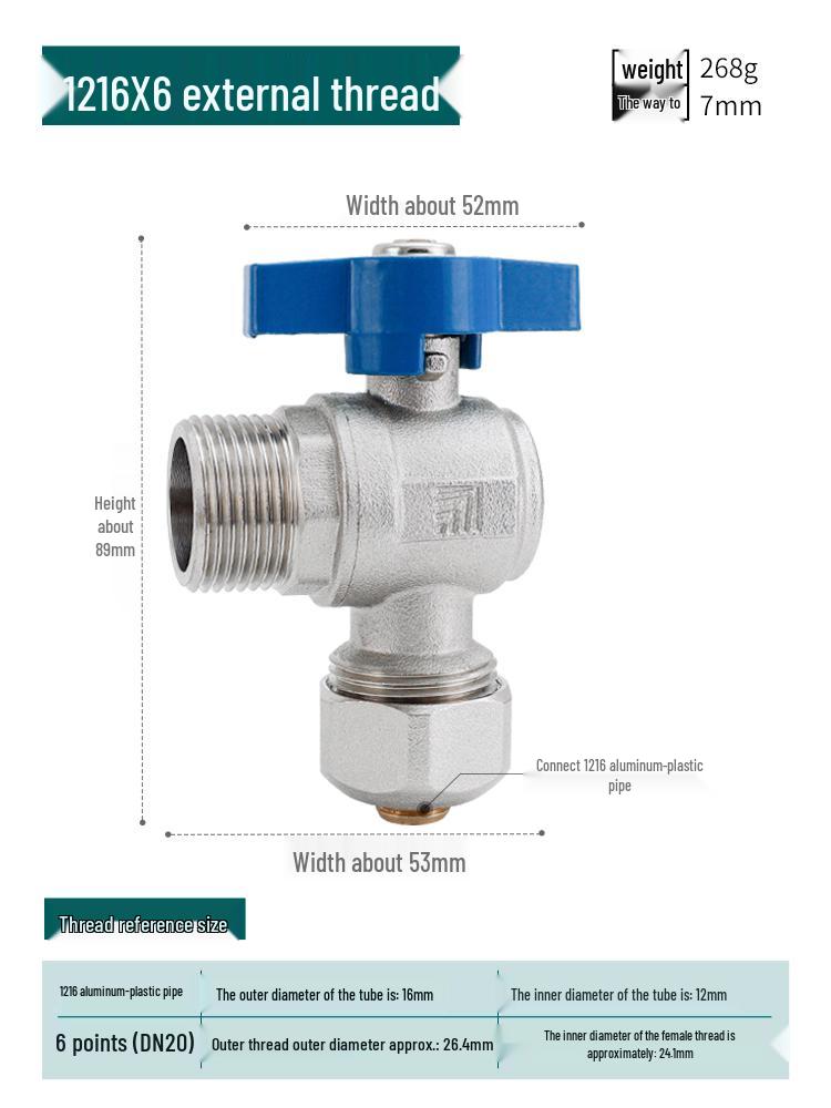 All-Copper Large Flow Angle Gas Pipe Boiler Ball Valve with Aluminum-Plastic Pipe External Thread (4-point, 6-point)