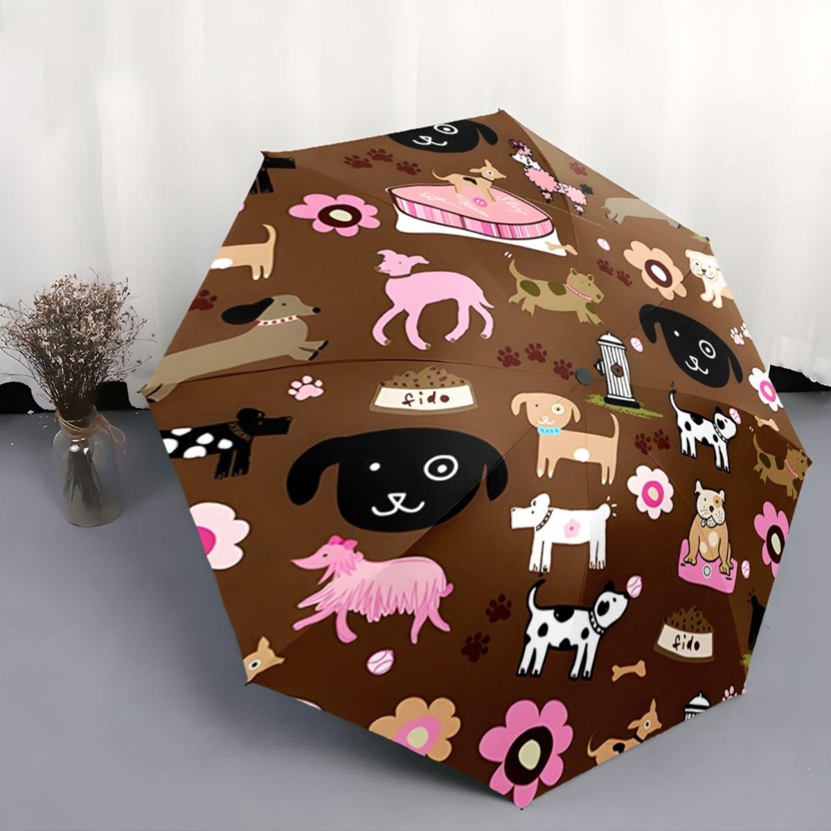

Automatic Open/Close Umbrella with One-Touch Button - Cute Dog & Floral Pattern (Brown/Black/White/Pink/), Compact Folding Umb (as the picture,Iron&8K)
