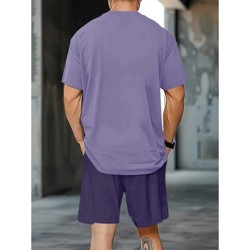 Summer  Arrival Men's Casual Two-Piece Set Striped Print Short-Sleeve Shirt and Athletic Shorts Set