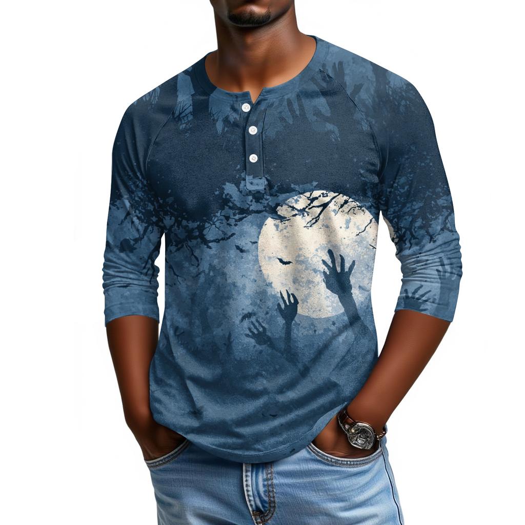 Men's Casual Halloween Print Henley Shirt Three Quarter Sleeve Raglan Top Lightweight Breathable Fabric Comfortable Fit