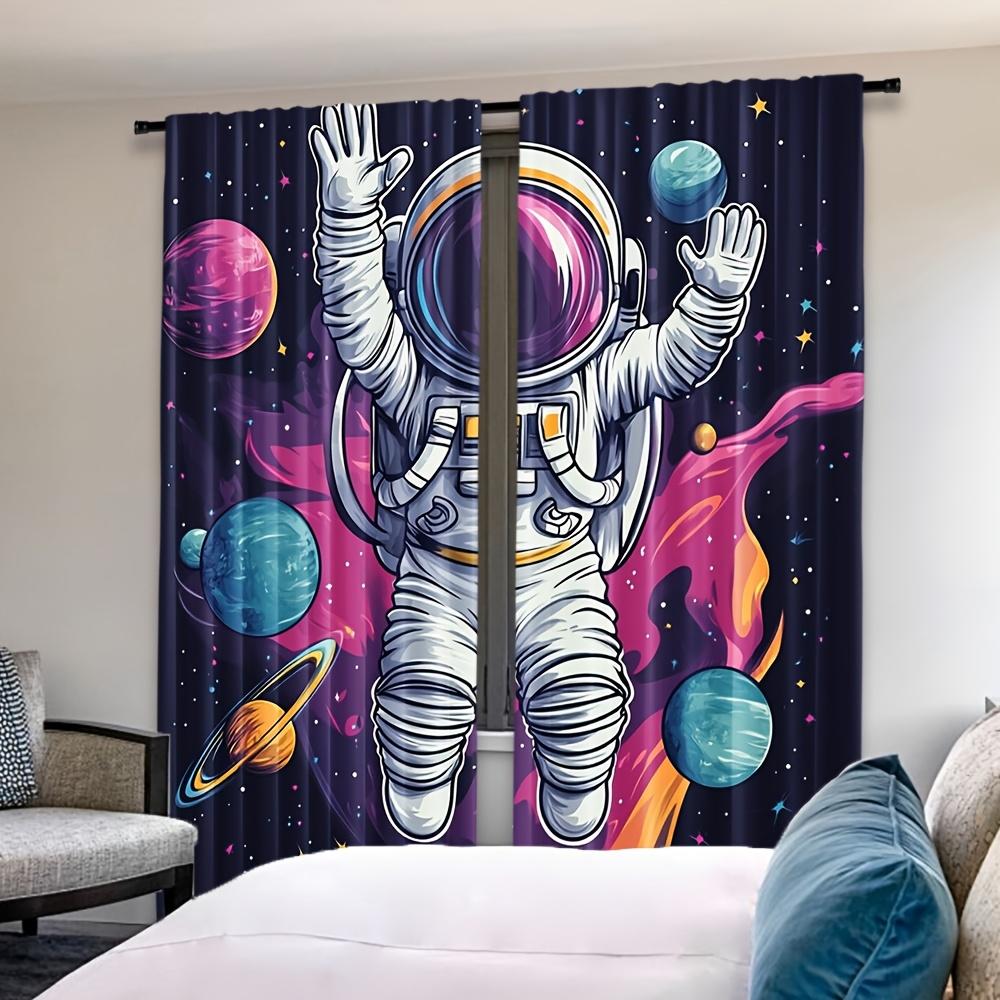 2pcs Astronaut Space Themed Curtains, Contemporary Semi-Sheer Polyester Drapes, Rod Pocket Hanging, Machine Washable, All-Season