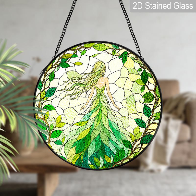 2D Flat Stained Glass Green Genie Window Decoration, 6.3/7.87inches Colored Glass Plate with Chain, Charming Indoor/Outdoor Spring Summer Sun Catcher