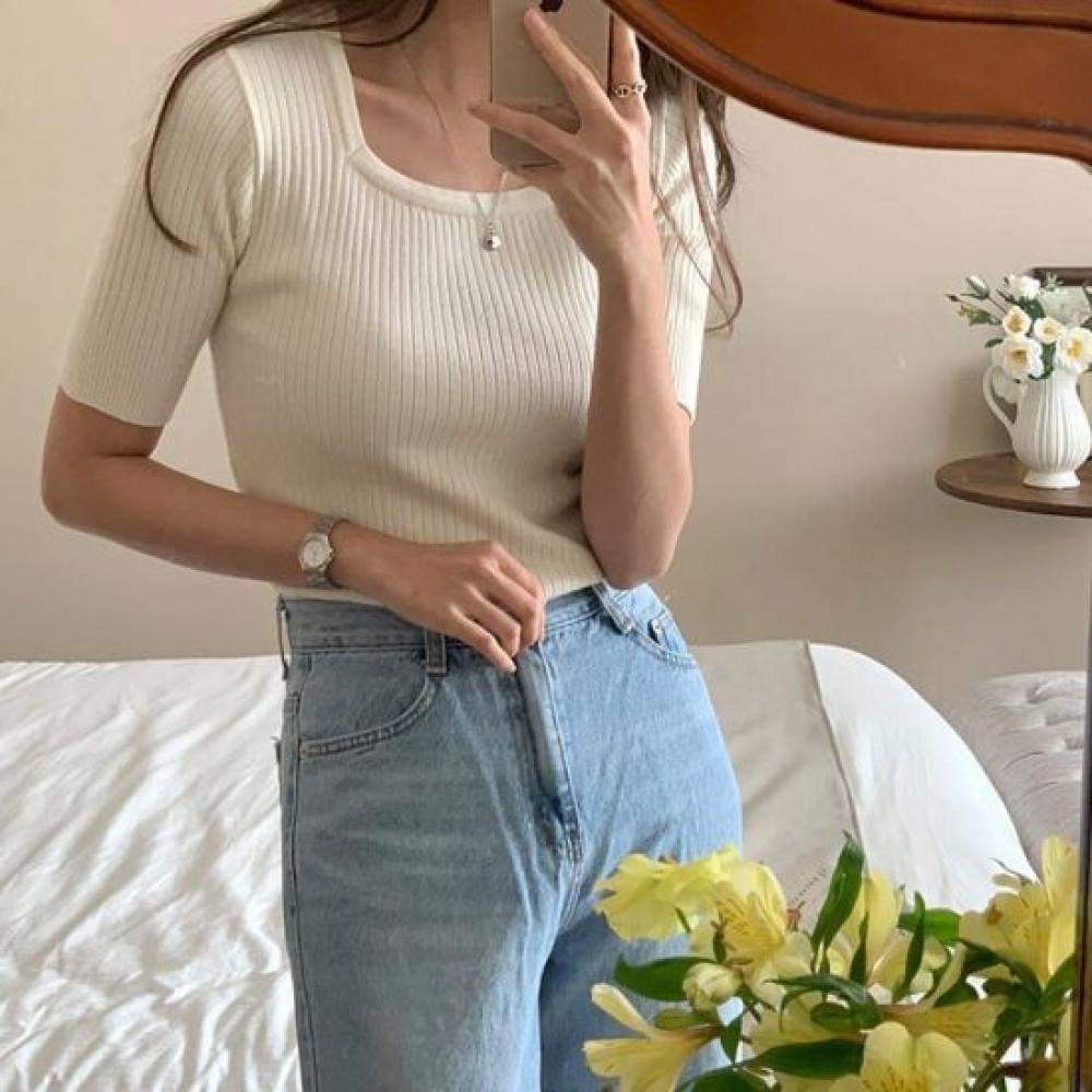 STyle LaTTe Women Square Neck Ribbed KniT T shirT Summer KniT
