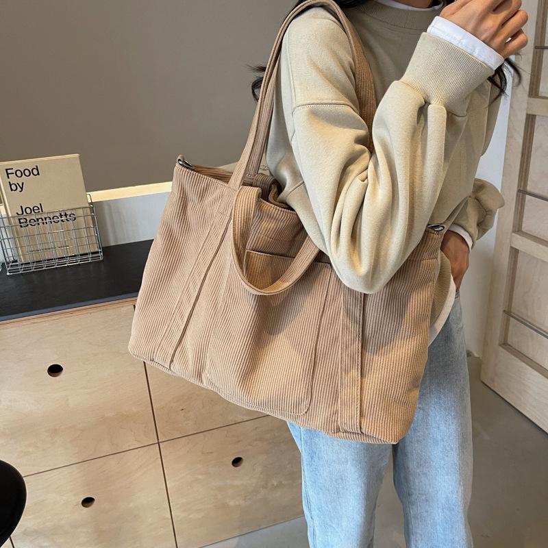 Corduroy large capacity tote bag women commuter to work cloth bag students class shoulder handbag simple messenger bag