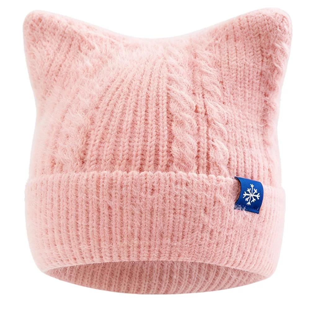 New Women And Girls Cat Ear Knit Beanie Hat, Cute Faux Fur Fluffy Candy‑Color Winter Hat, For Winter Daily Street Wear