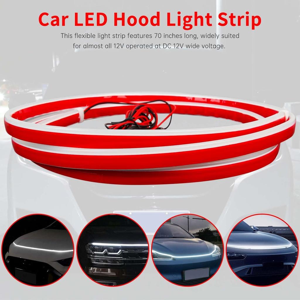 71 Inch Car LED Hood Light Strip Universal 12V Flexible Waterproof Daytime Running Lights Car Dynamic Scan Start-Up Under Hood Light Strip Compatible