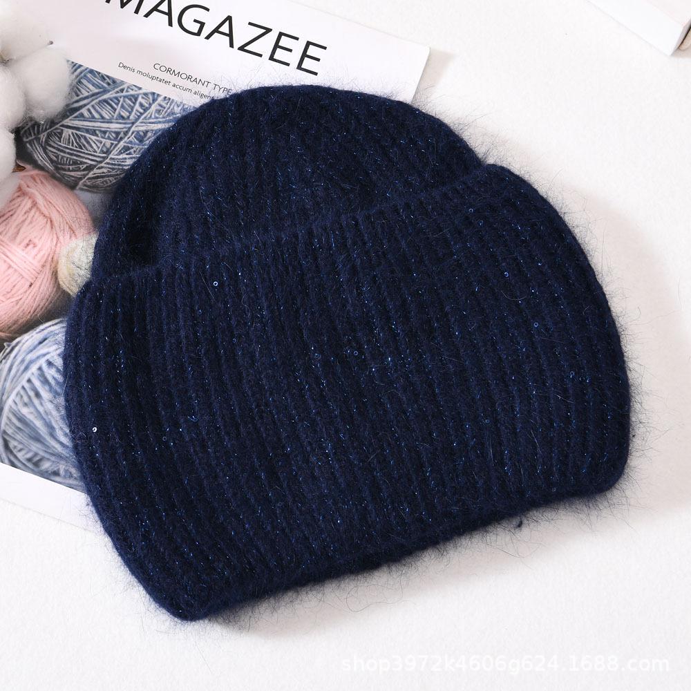 Autumn/Winter New Angora Long Plush Rabbit Fur Knit Hat, Casual Belt with Small Sequins, Warm, Thickened, Couple's Knit Hat