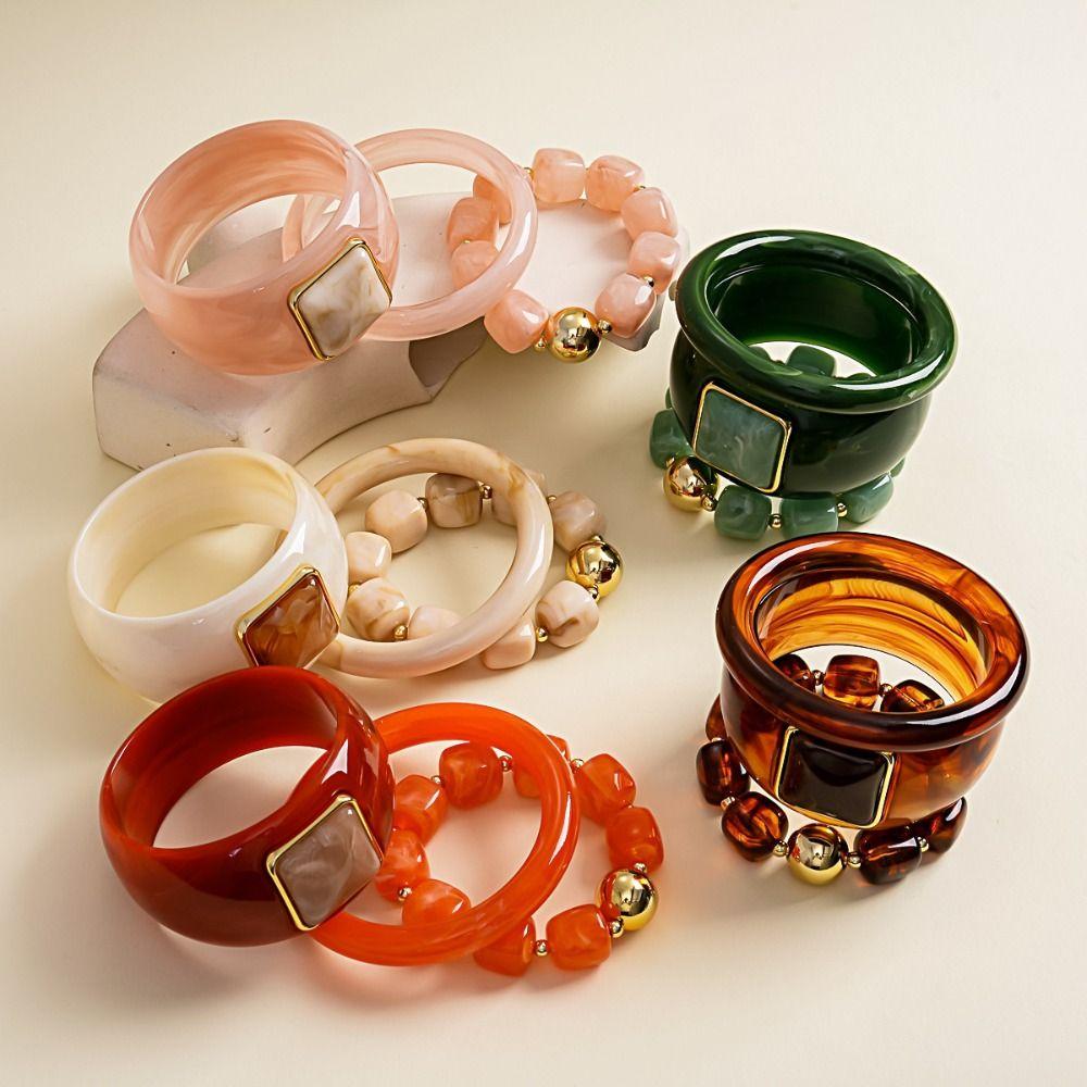 3 Pcs/Set Square Round Resin Bangle Set Resin Acrylic Geometric Wrist Jewelry For Women