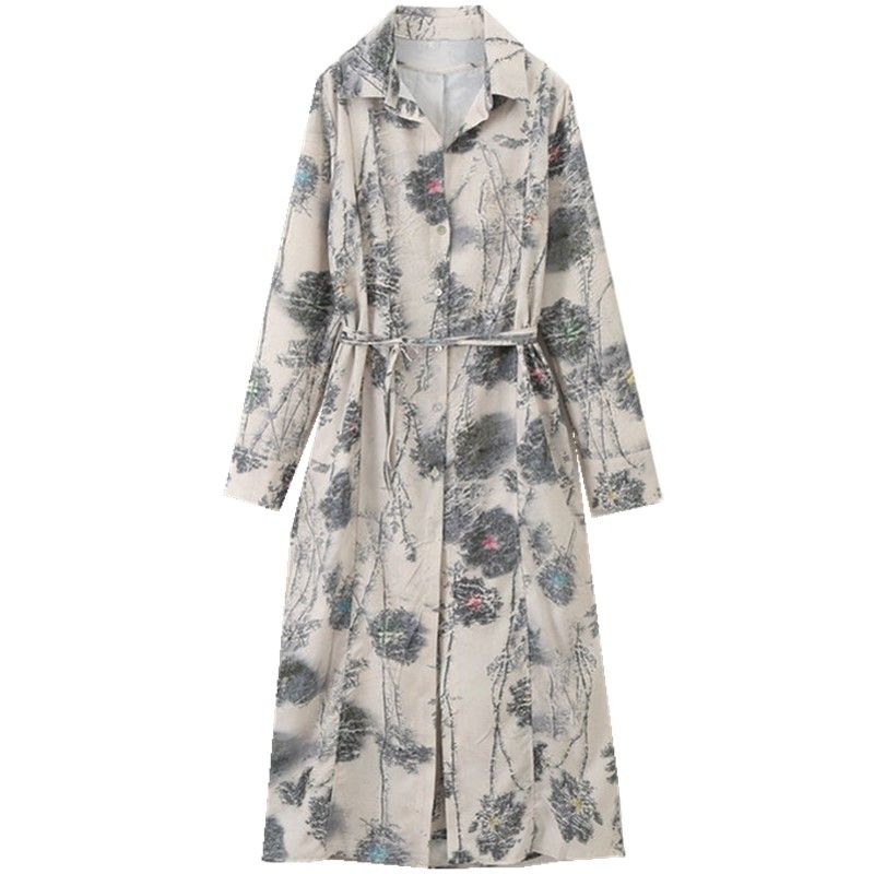 Fashion Style 2024 Spring New Female Long Sleeve Lapel with Belt Printed Shirt Style Dress 2579103
