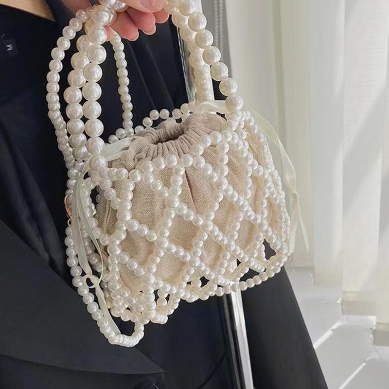 Yogodlns French Retro Handbag Fairy Woven Beaded Bucket Bag Crossbody Bag Summer Niche Design Hollowed Out Pearl Bag