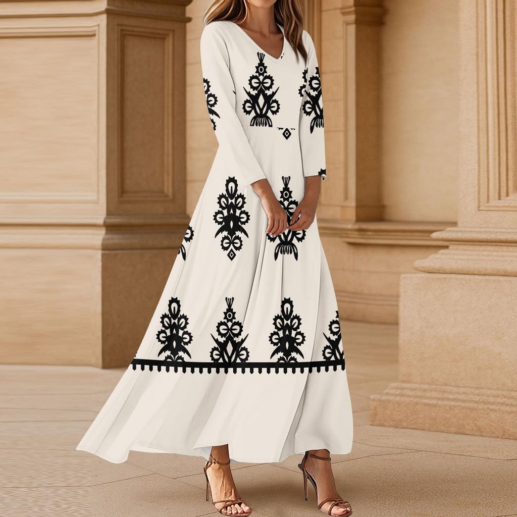 Dresses For Womens Vintage Tunic Waisted Midi Dress Summer Casual 3/4 Sleeve Dress