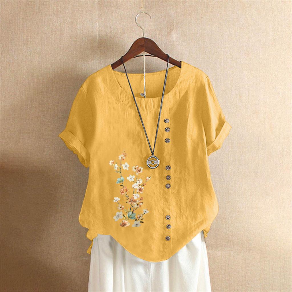 T-shirt Estiva Oversize in Cotone e Lino a Maniche Corte, Abbigliamento Donna Oversize Stampato in Cotone e Lino