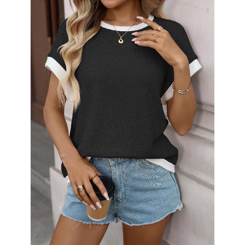 2026 Summer New Women's Round Neck Knit Top Short Sleeve Color Block Loose T-Shirt