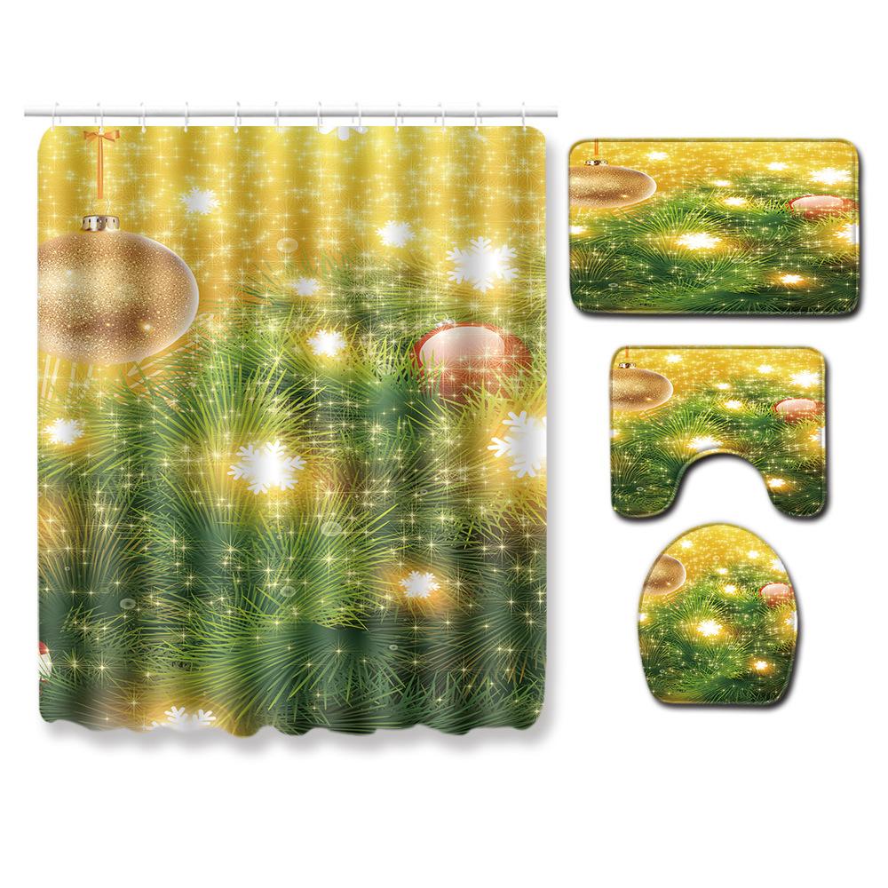 Christmas Shower Curtain Floor Mat Combination Four-Piece Set Bathroom Toilet Carpet Shower Room Mat Foot Mat