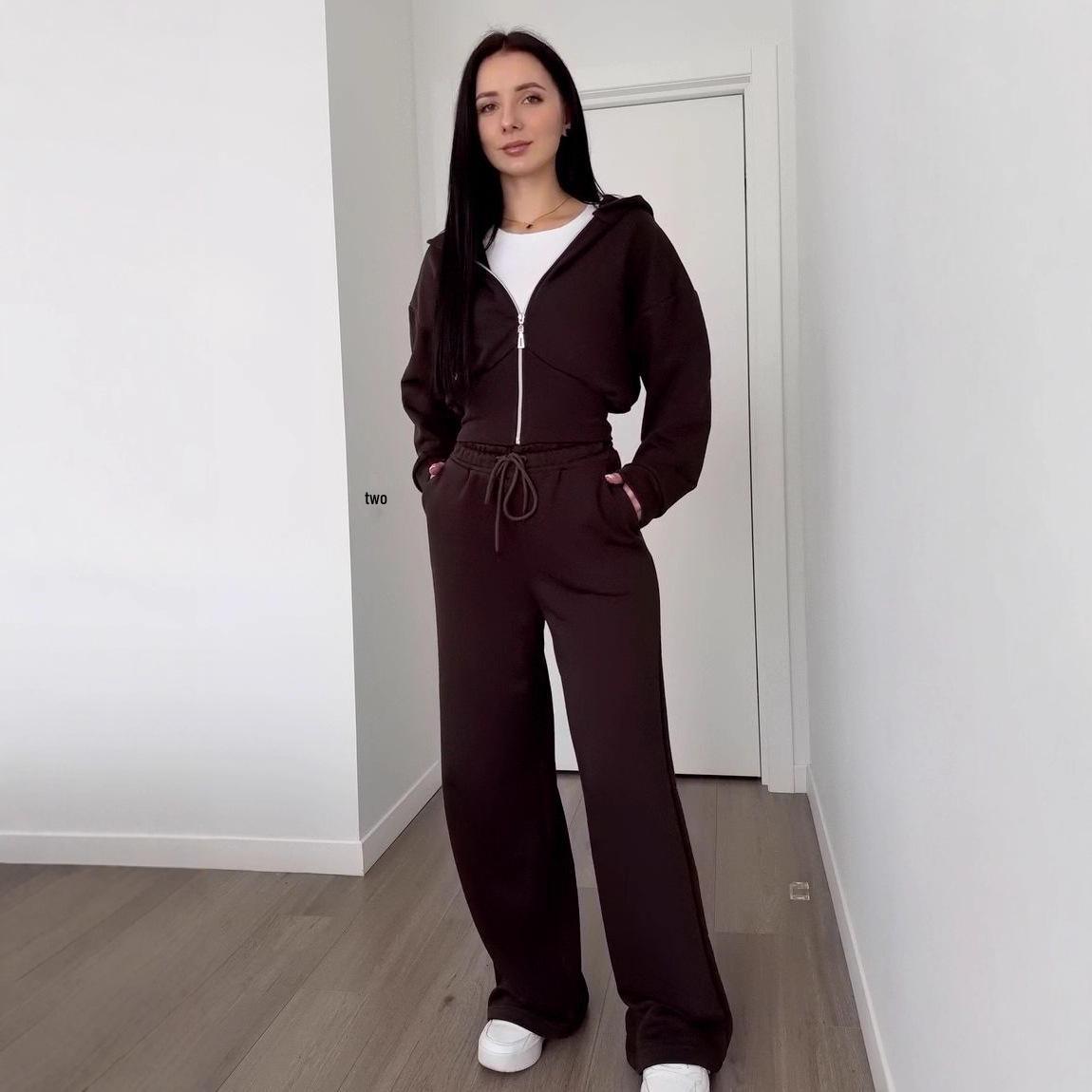 

Спортивный повседневный женский кардиган на молнии и брюки, осень 2025 Extra Small кофейный