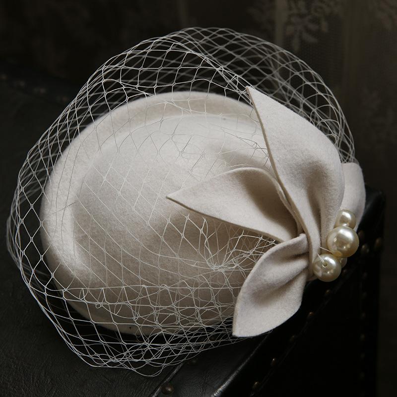Französische Elegante Britische Vintage Netz-Barett Woll-Zylinderhut Hochzeitskleid Bankett Weiße Brautkopfbedeckung