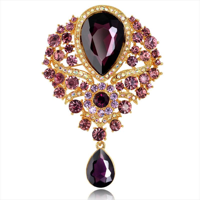 Womens Designer Crown Pin With Glass Pendant And Electrophoretic Finish