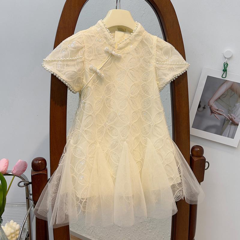 Girls' Pearl Button Sequin Cheongsam Mesh Fishtail Summer Dress - Short Sleeve Princess Style