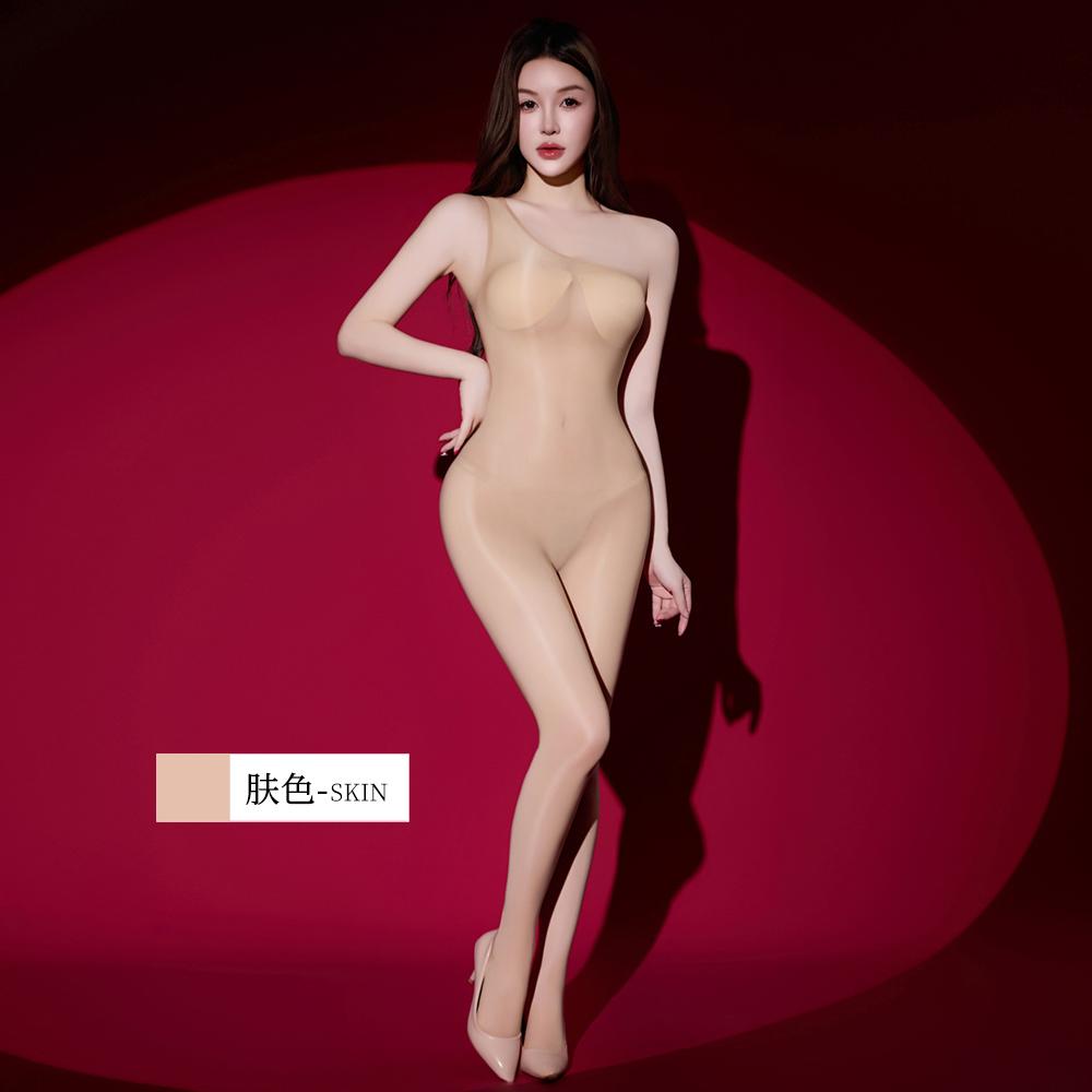 Sexy Women Single Sleeve Sloping Shoulders Yoga Shaping Bodysuit Oil Glossy Shiny Smooth Dance Tights Elasitc Maid Leotard