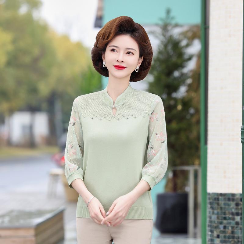 

Elegant Chiffon Patchwork Knit Top for Middle-Aged Women - Spring Fashion L (Recommended 80-100 Jin)
