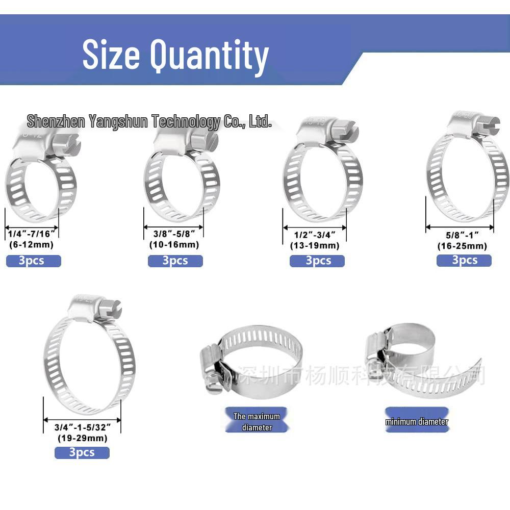 15-Piece 201 Stainless Steel Adjustable Hose Clamps (6-29mm)